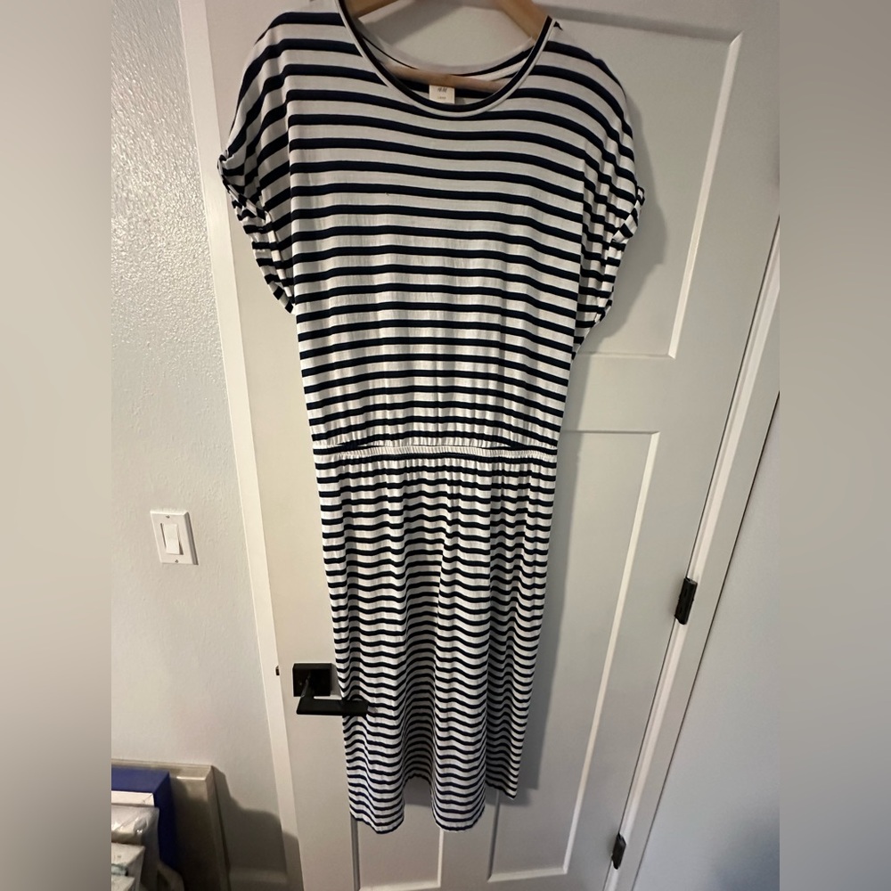H&M Navy and White Striped Midi Dress